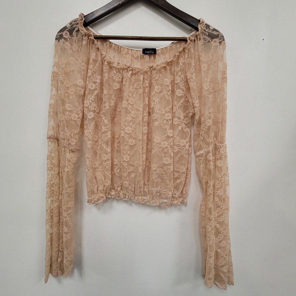 Rue 21 Sheer Lace Sheer Bell Sleeve Top Size L Country Cowgirl Boho Fairy Pink
